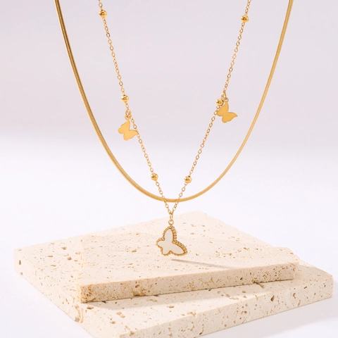 Double Layer Butterfly Pendant Necklace Stainless Steel 18K Gold Plated Shell Inlay Snake Bone Round Bead Chain Elegant Jewelry