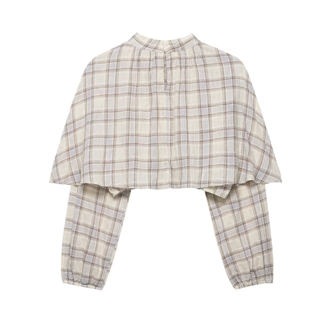 Plaid Checkered Long Sleeve Crop Top Polyester Layered Cape High Neck Stand Collar Streetwear Casual Blouse For Women