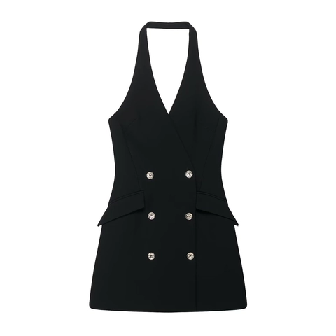 Vestido Mini De Traje Con Cuello Halter Doble Botonadura Espalda Descubierta Sin Mangas Color Sólido Poliéster Elegante