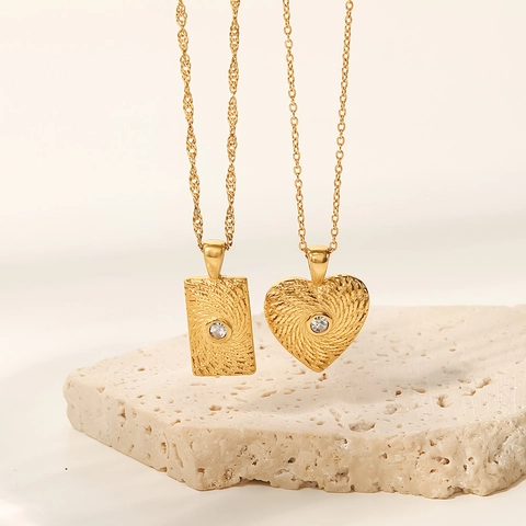 Collier En Acier Inoxydable Plaqué Or Avec Pendentif Cœur Texture Géométrique Pour Femmes Bijoux De Mode Vintage Zirconia