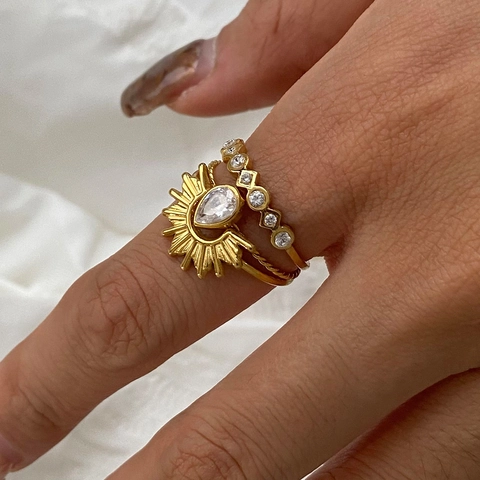 Mode Roestvrij Staal Strass Ingelegde Ringen Voor Vrouwen Verguld Stapelbaar Geometrisch Ontwerp Waterdicht Hypoallergeen Sieraden