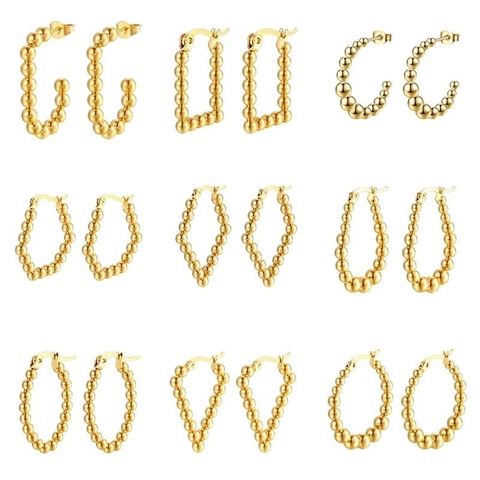 Stainless Steel Hoop Earrings Gold Plated Geometric Beaded Bubble Textured C Shape Chic Minimalist Fashion For Women