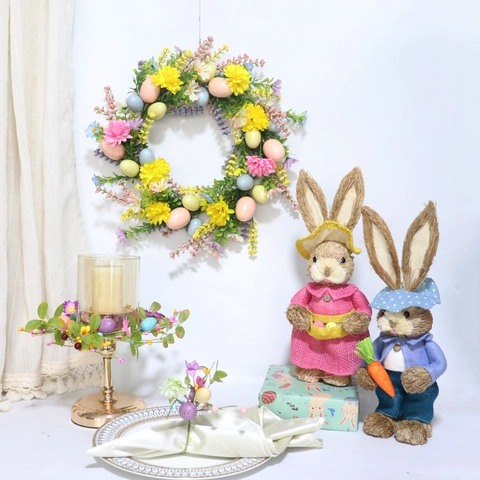Easter Wreath With Colorful Speckled Foam Eggs Artificial Daisy Flowers Spring Greenery For Front Door Window Wall Hanging
