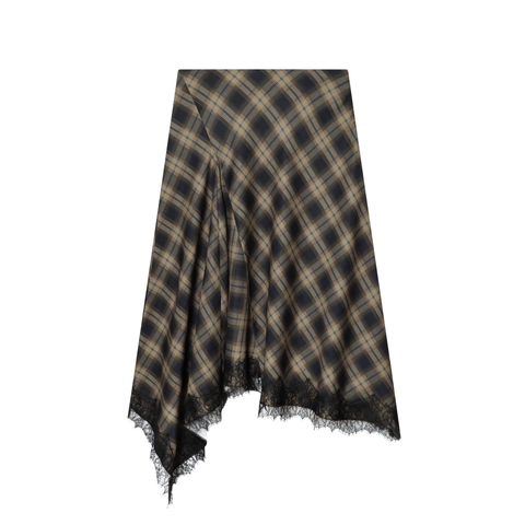 Jupe Midi Asymétrique À Carreaux Pour Femmes Avec Bordure En Dentelle Vintage Taille Haute Streetwear Sexy Jupe Trapèze