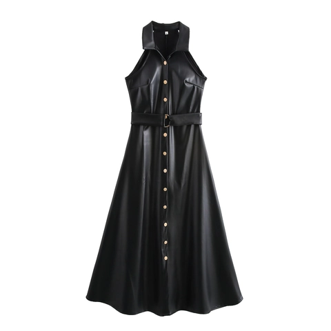 Sexy Schwarzes PU Leder Halfter Maxikleid Mit Gürtel Goldene Knöpfe Revers Ärmellos Moto Stil Für Frauen Elegant