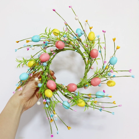 Easter Wreath With Artificial Foam Eggs Berries Greenery For Spring Home Wall Door Hanging Decoration Vibrant Colorful Macaron Style