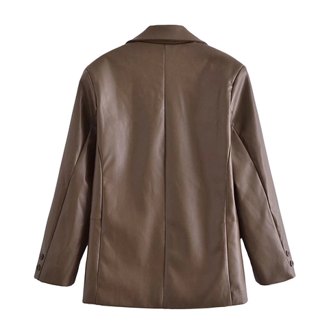 Women Faux Leather Blazer Vintage Chic PU Jacket Notch Lapel Single Breasted Flap Pocket Outerwear Solid Brown Coat Office