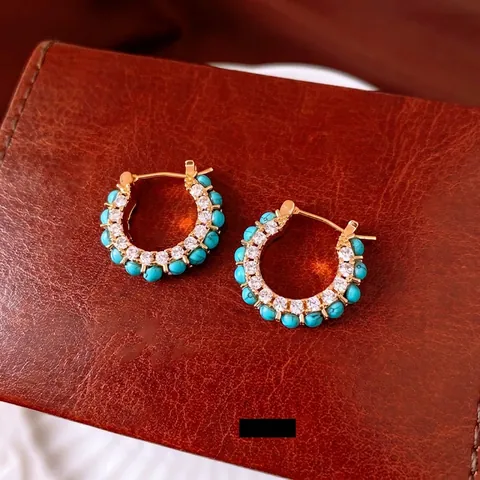 Vintage Hoop Oorbellen Goud Verguld Koper Turkoois Kraal Zirkoon Ingelegd Geometrisch Rond Luxe Accessoire Vrouwen