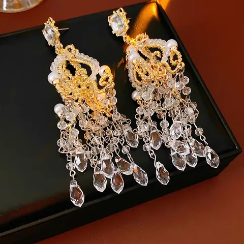 Vintage Barock Kronleuchter Quasten Ohrringe Luxus Glas Künstliche Perle Palast Stil Für Damen Mit Silver Earring Post