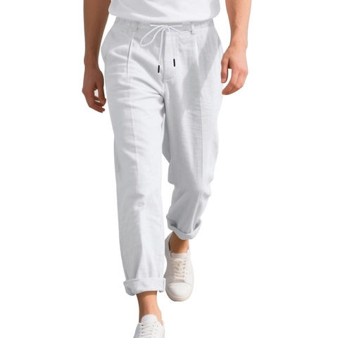 Men Linen Blend Casual Trousers Elastic Drawstring Waist Straight Leg Breathable Summer Holiday Beach Pants