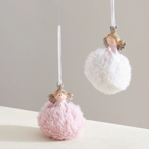 Kerstengel Pluche Pompon Hangend Ornament Hars Meisje Pop Met Vleugels Kroon Roze Wit Feestelijke Boomdecoratie