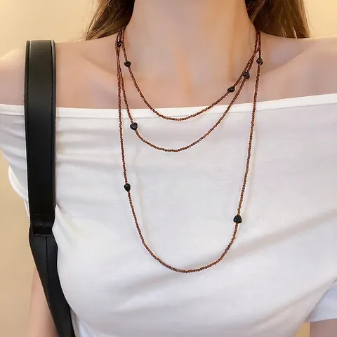 Long Collier De Perles Rétro Style Maillard Perles En Verre Brun Coeur En Résine Chaîne De Pull Multi-Couches Femme