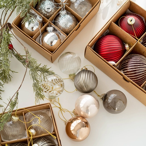Glazen Kerstballen Ornamenten Voor Boomdecoratie Gestreepte Ribbel Glanzend Mat Glitter Elegant Feestelijk Hangende Decoratie
