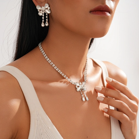 Bowknot Rhinestone Jewelry Set Double Layer Necklace And Earrings With Silver Earring Post Water Drop Tassel Elegant Shiny