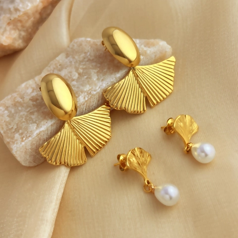 Ginkgo Blatt Ohrringe Edelstahl Vergoldet Fächerform Vintage Eleganter Schmuck Für Frauen Mit Künstliche Perle