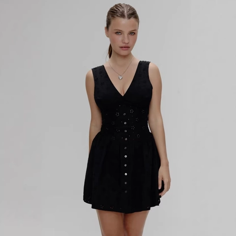 Vestito Mini Donna Scollo A V Senza Maniche Ricamo Occhiello Traforato Vita Stretta Nero Elegante Abito Estivo