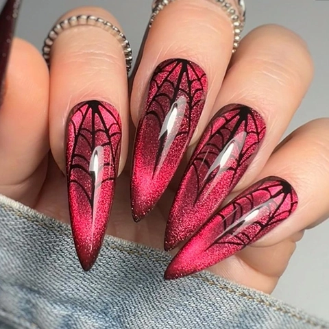 Halloween Stiletto Kunstnagels Donkerrood Cat Eye Spinnenweb Gothic Lange Puntige Kunstnagels