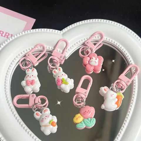 Llavero Conejo Lindo Resina Flor Zanahoria Colgante Para Mochila Adorno De Bolso Rosa Dulce Regalo Niña