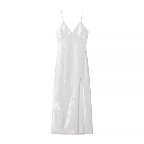 Vestido Largo Sexy Con Lentejuelas Blancas Espalda Descubierta Cuello En V Abertura Fiesta Elegante Vestido Brillante