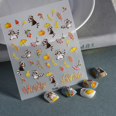 Pegatinas Para Uñas Con Relieve 5D Bosque De Otoño Mapache Calabaza Hoja De Arce Calcomanías Autoadhesivas Decoración