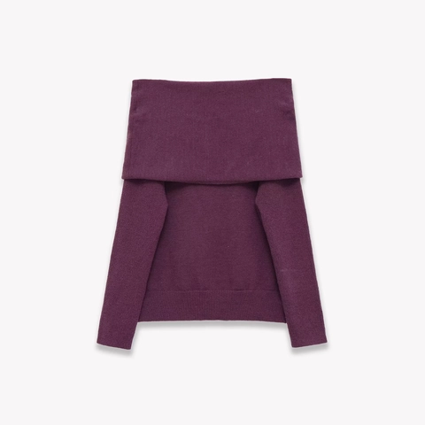 Jersey De Punto Con Hombros Descubiertos Cuello Barco Manga Larga Color Sólido Acanalado Elegante Mujer