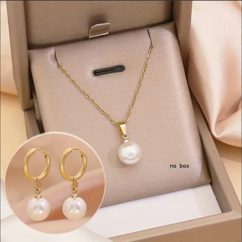 Stainless Steel Necklace And Earrings Jewelry With Gold Plated Imitation Artificial Pearl Pendants Minimalist Elegant For Women