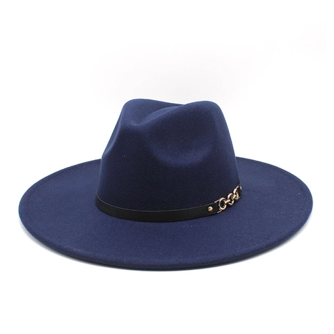 Fedora Hat Woolen Felt Wide Brim Vintage British Style Gold Chain Leather Belt Elegant Jazz Hat For Women Men