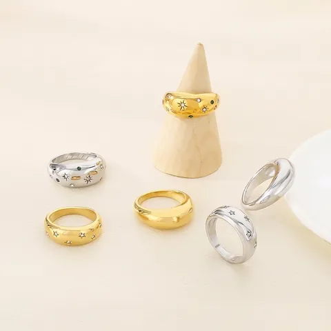 Stainless Steel Dome Rings For Women Star Engraved Colorful Zircon Inlaid High Polished Minimalist French Style Jewelry