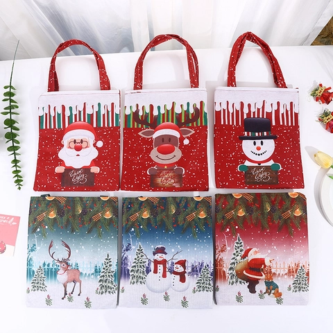 Sacchetti Regalo Di Natale Borse In Tessuto Babbo Natale Pupazzo Di Neve Renna Stampato Festa Manico Imballaggio Riutilizzabile