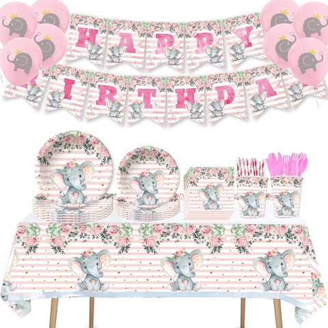 Pink Elephant Floral Birthday Party Supplies Disposable Paper Plates Cups Napkins Banner Tablecloth Balloons Straws Kids