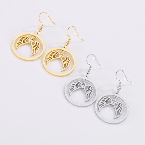 Boucles D'Oreilles Pendantes En Acier Inoxydable Ailes D'Ange Rond Creux Avec Strass Bijoux Pour Femmes