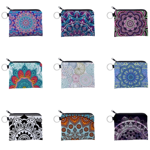 Mandala Print Mini Coin Purse With Keychain Zipper Portable Polyester Pouch Wallet For Key Cards Daily Use Small Bag