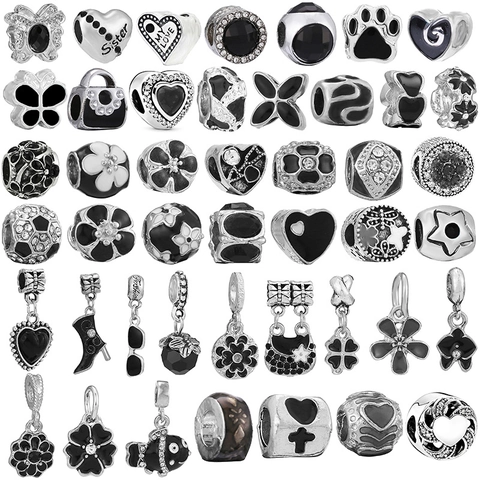 DIY Χάντρες από Κράμα Μαύρο Σμάλτο Charms για Βραχιόλι Κατασκευή Κοσμημάτων Floral Καρδιά Αστέρι Στρας Γυναικεία Αξεσουάρ