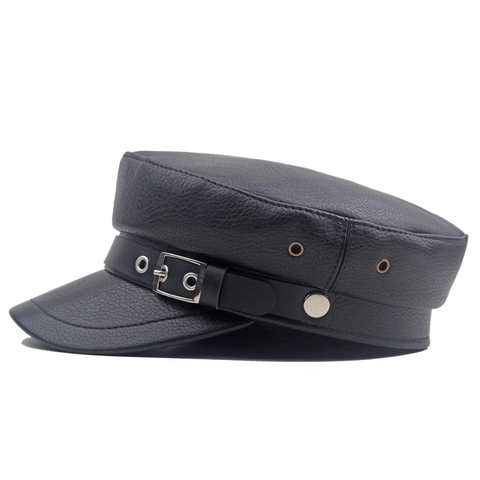Women PU Leather Sailor Hat Flat Top Baker Boy Cap With Buckle Bow Decoration Vintage Fashion Navy Hat Solid Color