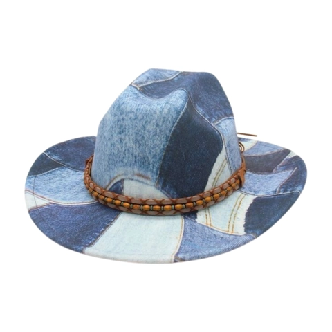 Vintage Western Cowboy Fedora Hat Cotton Denim Patchwork With Wood Beads Braided Band For Travel Outdoor Holiday