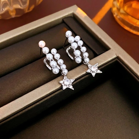 Elegant Star Artificial Pearl Drop Earrings With Silver Earring Post Copper Zircon Inlaid Versatile Fashion Jewelry For Women