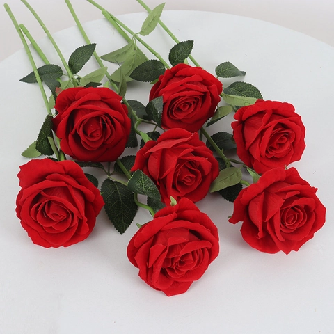 Artificial Rose Flower Long Stem Satin Velvet Floral For Home Wedding Party Valentine Day Decoration Gift Multi Color