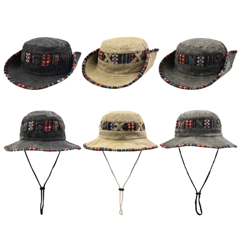 Outdoor Hiking Bucket Hat Ethnic Pattern Ribbon Sun Protection Fisherman Hat With Adjustable Windproof Rope For Women Men