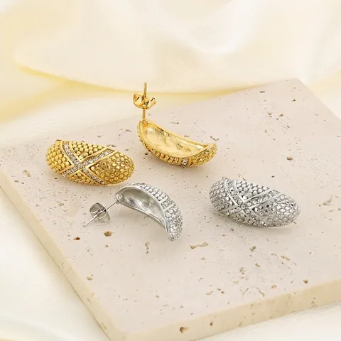 Ovale Ohrstecker Edelstahl Strass Perlenstruktur Vintage Europäischer Stil Mode Schmuck Für Frauen
