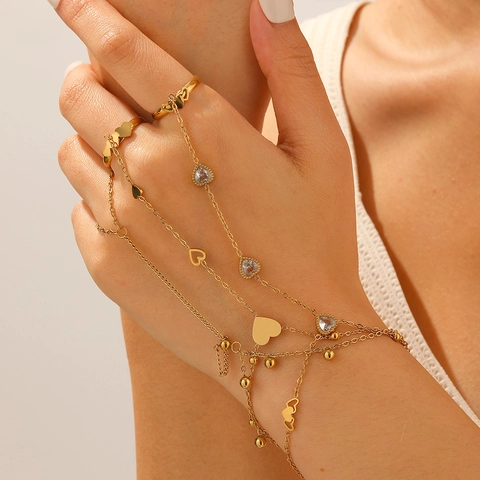 18K Gold Plated Stainless Steel Slave Bracelet With Ring For Women Heart Butterfly Zircon Inlaid Adjustable Hand Back Chain