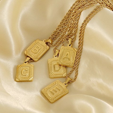 Square Initial Letter Pendant Necklace 18K Gold Plated Stainless Steel Rope Chain Vintage Jewelry For Men Women