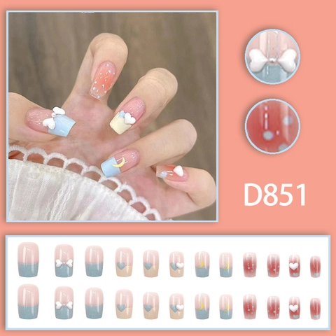 Press On Nails Artificial False Nail Tips French Style Sweet Cute 3D Bow Heart Moon Design Glossy Square Shape For Women