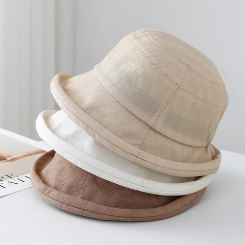 Women Bucket Hat Foldable Breathable Sun Protection Japanese Style Textured Roll Edge Minimalist Solid Color Basin Hat