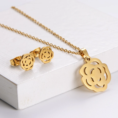 Hollow Flower Necklace And Earrings 316 Stainless Steel 18K Gold Plated Elegant Camellia Rose Motif For Women