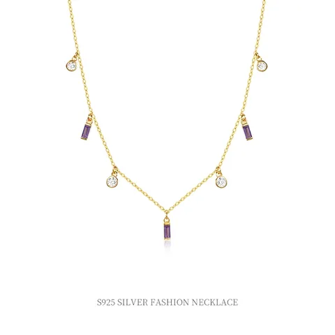 Geometric Square Colorful Cubic Zirconia Necklace 925 Sterling Silver Gold Plated Minimalist Clavicle Chain Jewelry