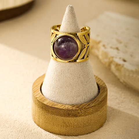 Edelstahl Ring Lila Edelstein Hohles Blatt 18K Vergoldet Offen Verstellbar Retro Personalisiert Für Frauen Schmuck