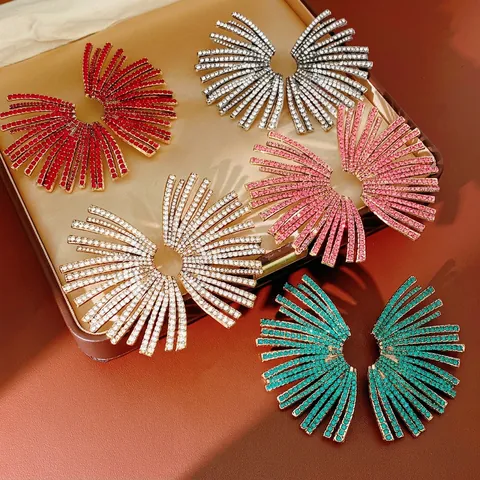Fan Shaped Geometric Rhinestone Earrings Alloy With Steel Earring Post Exaggerated Party Style Women Jewelry