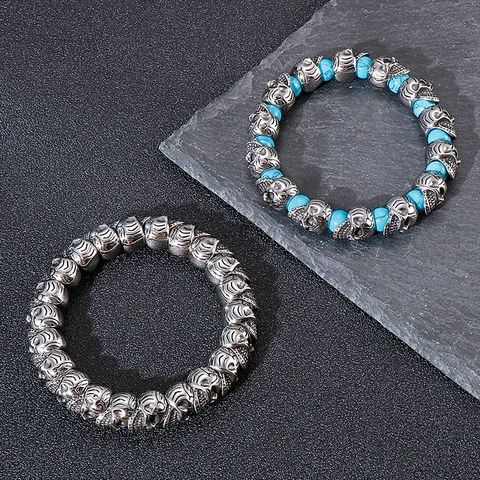 Bracciale Di Perline Con Teschio In Acciaio Inossidabile E Turchese Da Uomo Gioielli Gothic Punk Retro Regalo Biker