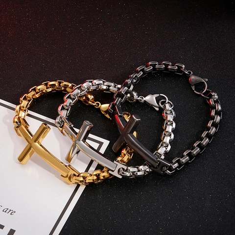 Pulsera De Cruz Para Hombre Acero Inoxidable Cadena De Caja Joyería Religiosa Retro Hip Hop Estilo Punk Pulido
