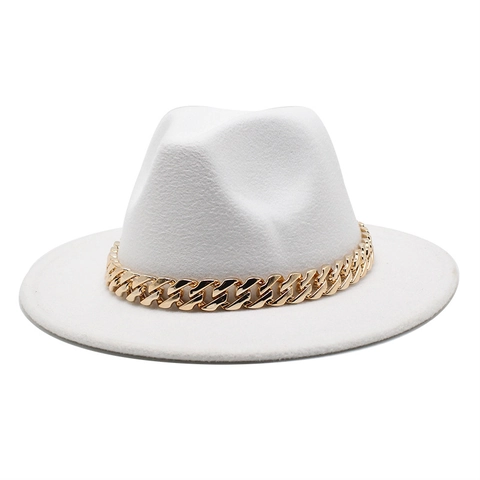 Fedora Hat Cotton Polyester Blend Wide Brim Flat Top For Party Outing Vintage Fashion Women Men Gold Chain Decor